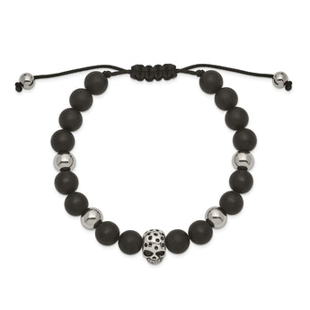 Stainless Steel Polished Black Onyx Beaded Skull Adj. Bracelet