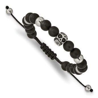 Stainless Steel Polished Black Onyx Beaded Skull Adj. Bracelet