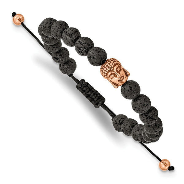 Stainless Steel Polished Rose IP Lava Stone Buddha Adjustable Bracelet