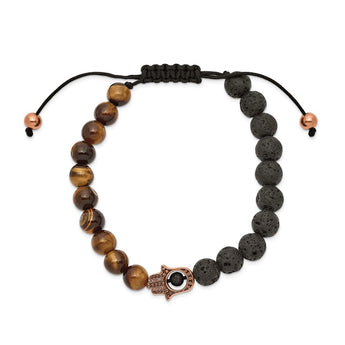 Stainless Steel Polished Rose IP Lava Stone and Tiger's Eye Adj. Bracelet