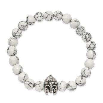 Stainless Steel Antiqued & Polished White Howlite Warrior Stretch Bracelet