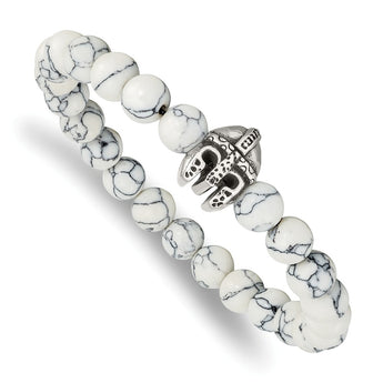 Stainless Steel Antiqued & Polished White Howlite Warrior Stretch Bracelet