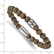 Stainless Steel Antiqued & Polished Dark Brown Phoebe Wood Stretch Bracelet