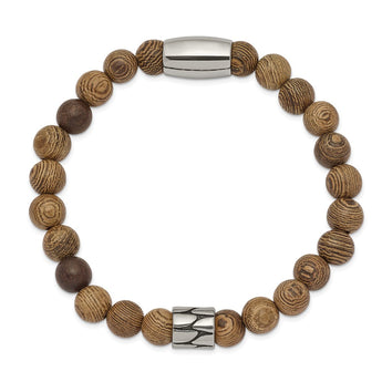 Stainless Steel Antiqued & Polished Tan African Wood Stretch Bracelet