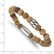 Stainless Steel Antiqued & Polished Tan African Wood Stretch Bracelet