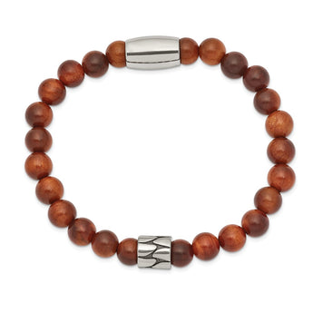 Stainless Steel Antiqued & Polished Indonesian Red Wood Stretch Bracelet
