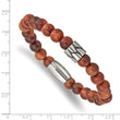 Stainless Steel Antiqued & Polished Indonesian Red Wood Stretch Bracelet