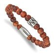 Stainless Steel Antiqued & Polished Indonesian Red Wood Stretch Bracelet