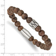 Stainless Steel Antiqued & Polished Brown Phoebe Wood Stretch Bracelet