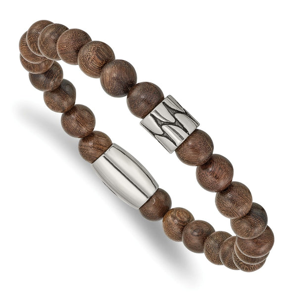 Stainless Steel Antiqued & Polished Brown Phoebe Wood Stretch Bracelet