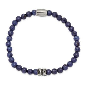 Stainless Steel Antiqued and Polished Cross Blue Jade Stretch Bracelet