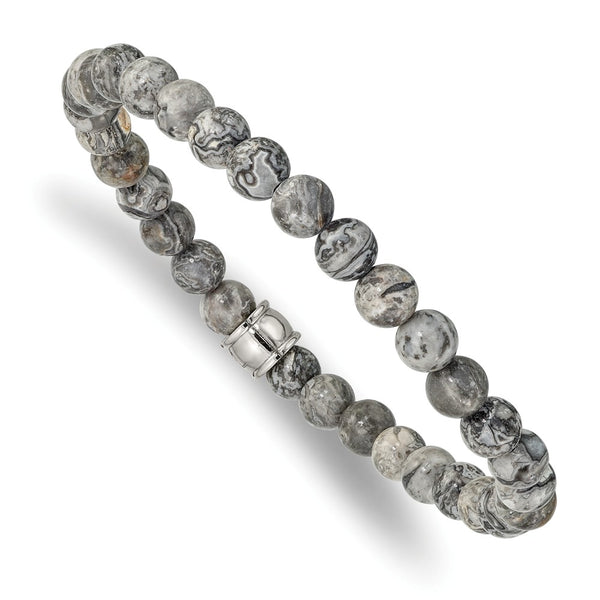 Stainless Steel Polished Grey Jasper Stretch Bracelet