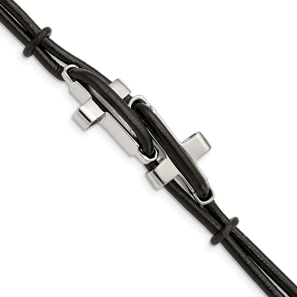 Stainless Steel Black Leather 8.25in Bracelet