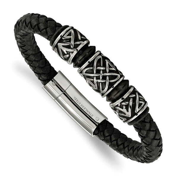 Stainless Steel Antiqued and IP Black plated Bead Braided Leather Bracelet
