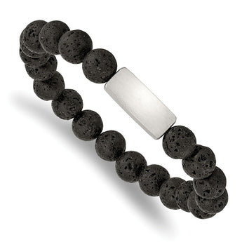 Stainless Steel Brushed ID Plate Black Lava Rock Bead Stretch Bracelet