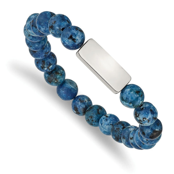Stainless Steel Polished ID Plate Lapis Bead Stretch Bracelet