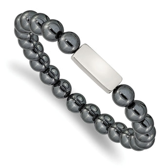 Stainless Steel Polished ID Plate Hematite Bead Stretch Bracelet