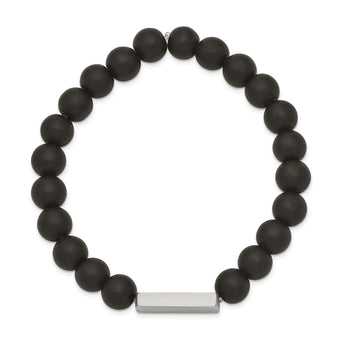 Stainless Steel Brushed ID Plate Black Agate Bead Stretch Bracelet