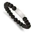 Stainless Steel Brushed ID Plate Black Agate Bead Stretch Bracelet