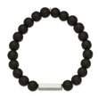 Stainless Steel Polished ID Plate Black Agate Bead Stretch Bracelet