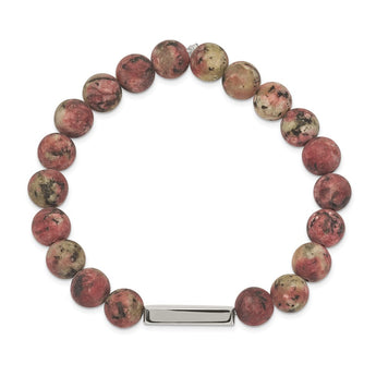 Stainless Steel Polished ID Plate Rhodochrosite Bead Stretch Bracelet