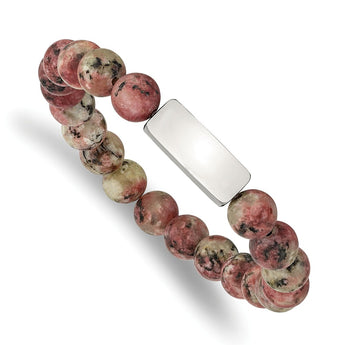 Stainless Steel Polished ID Plate Rhodochrosite Bead Stretch Bracelet