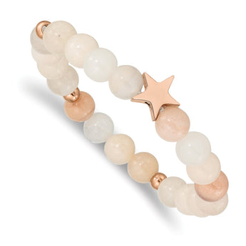 Stainless Steel Polished Rose IP Star White/Pink Aventurine Stretch Bracele