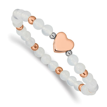 Stainless Steel Rose IP-plated Heart White Agate Stretch Bracelet