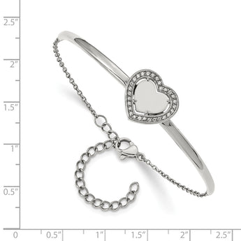 Stainless Steel Polished with CZ Heart 6.5in with 2in ext. Bar Bracelet