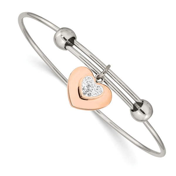 Stainless Steel Polished Rose IP-plated w/Preciosa Crystal Hearts Bangle