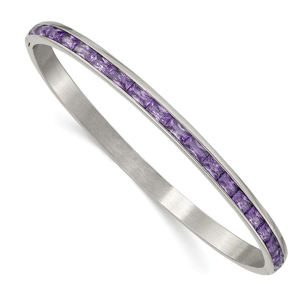 Stainless Steel Polished with Purple CZ 5.00mm Hinged Bangle