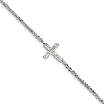 Stainless Steel Polished with CZ Cross 6.25in with 2in ext. Bracelet