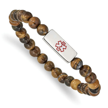 Stainless Steel Polished Medical ID Tiger's Eye Bead Stretch Bracelet