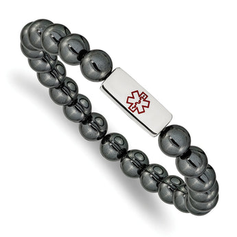 Stainless Steel Polished Medical ID Plate Hematite Bead Stretch Bracelet