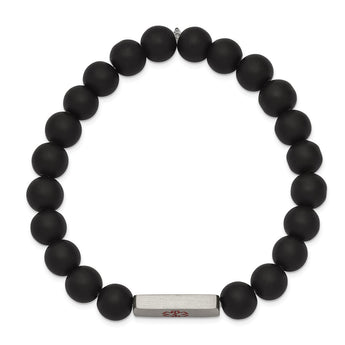 Stainless Steel Brushed Medical ID Plate Black Agate Bead Stretch Bracelet