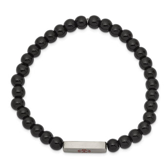 Stainless Steel Brushed Medical ID Plate Onyx Bead Stretch Bracelet