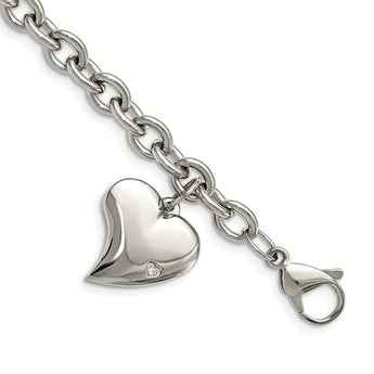 Stainless Steel CZ Heart Charm Fancy 7.5in Bracelet
