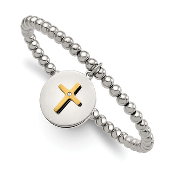 Stainless Steel Polished Yellow IP Cross w/Crystal FAITH Stretch Bracelet