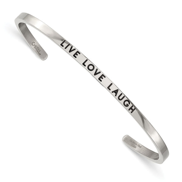Stainless Steel Polished Enamel/Crystal LIVE LOVE LAUGH 3mm Cuff Bangle
