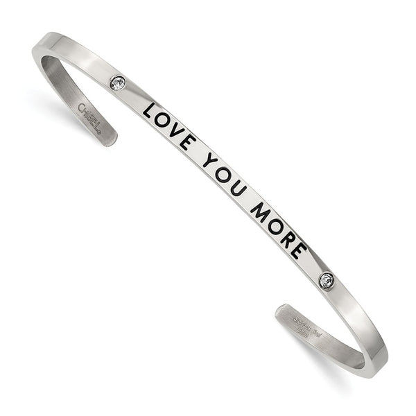 Stainless Steel Polished Enamel/Crystal LOVE YOU MORE 3mm Cuff Bangle