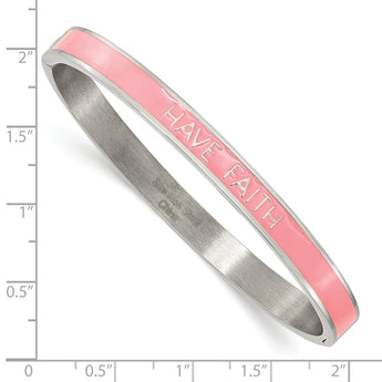 Stainless Steel Polished Pink Enamel HAVE FAITH 6mm Hinged Bangle