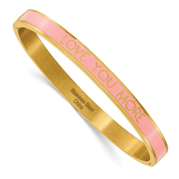 Stainless Steel Polished Yellow IP Pink Enamel LOVE YOU MORE 6mm Bangle
