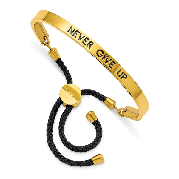 Stainless Steel Polished Yellow IP Enamel/Nylon NEVER GIVE UP Adj Bangle