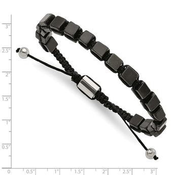 Stainless Steel Polished with Black Agate Macrame Adjustable Bracelet