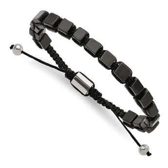 Stainless Steel Polished with Black Agate Macrame Adjustable Bracelet