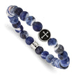 Stainless Steel Antiqued & Brushed Sodalite Beaded Cross Stretch Bracelet