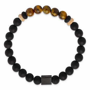 Stainless Steel Brushed Black IP Black Agate/Tiger's Eye Stretch Bracelet