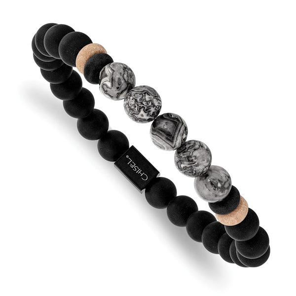 Stainless Steel Brushed Black IP Black Agate/Grey Jasper Stretch Bracelet