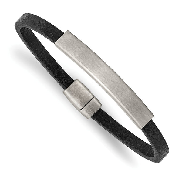 Stainless Steel Brushed Textured Black PU Leather 8.25in ID Bracelet