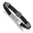 Stainless Steel Antiqued and Polished Black Leather 8.25in Bracelet